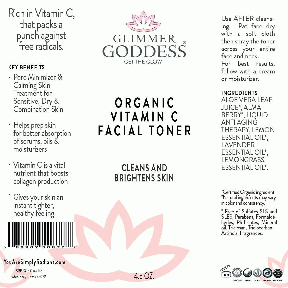 Organic Vitamin C Facial Toner Natural Astringent Face Toner Alcohol Free 4.5 Oz