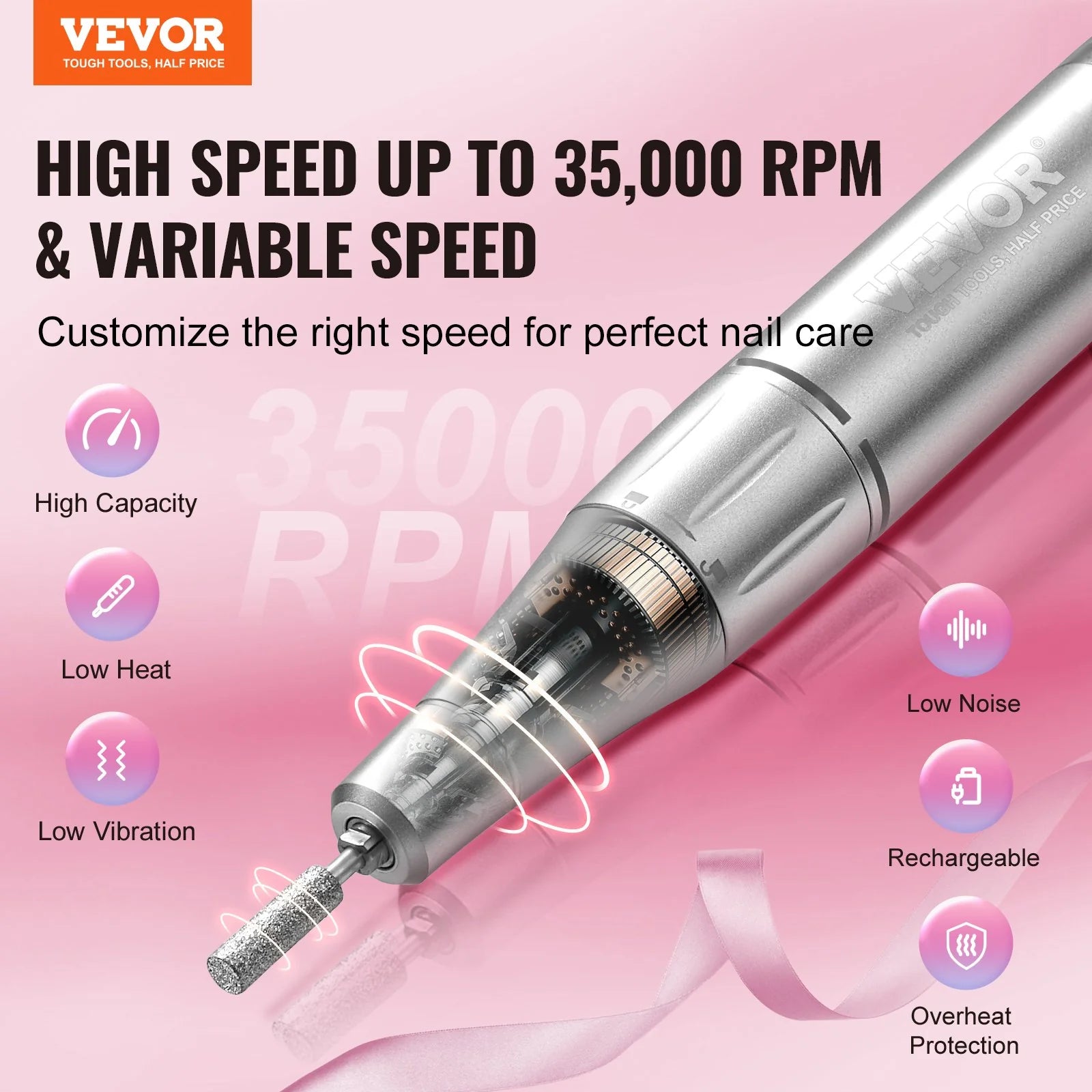 VEVOR Electric Rechargeable Nail Drill, 35,000RPM Portable Cordless Nail E File Machine, Lcd-Display Acrylic Gel Grinder Tool with 6 Bits and 50PCS Sanding Bands for Manicure Pedicure Carve Polish