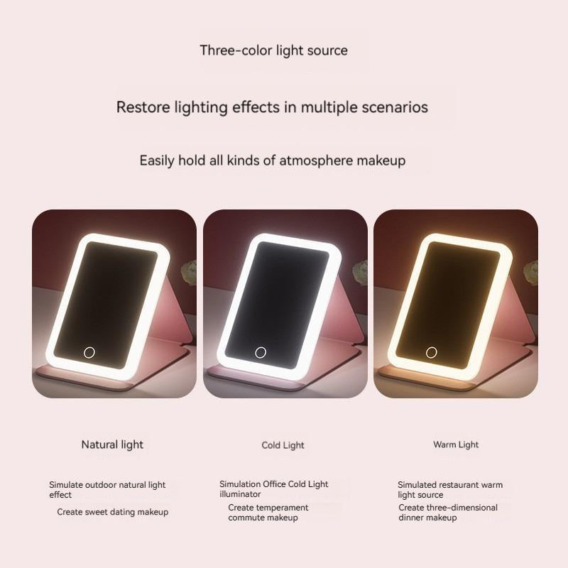 Portable Foldable LED Makeup Mirror with 3Rechargeable Light Modes - Warm, Natural, Coolself-Standing Vanity Mirror for Desk, Travel &Home, Perfect for Makeup & Grooming Anywhere