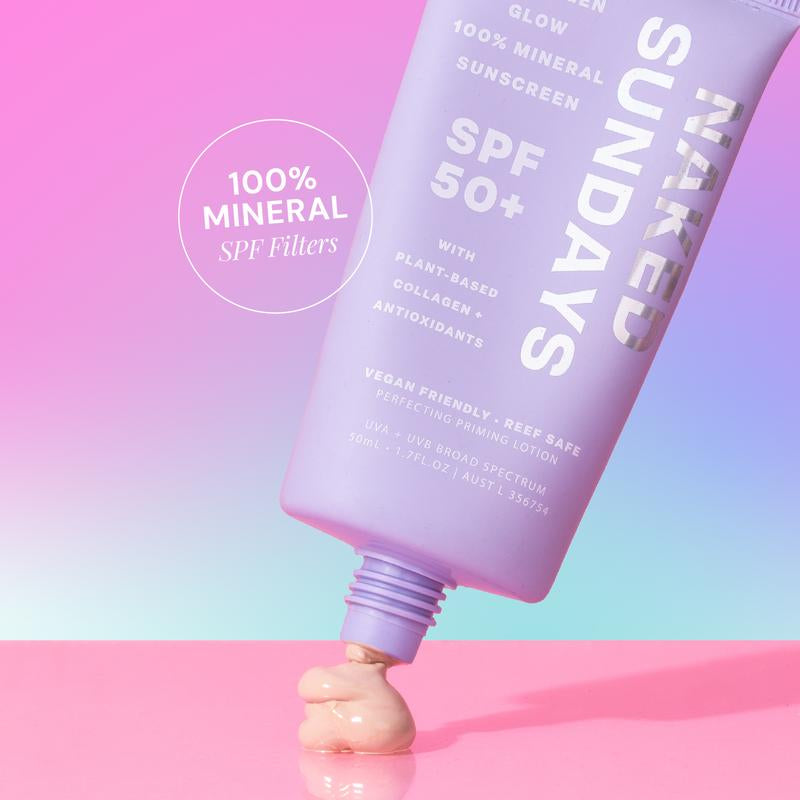 Naked Sundays SPF50+ Collagen Glow 100% Mineral Sunscreen Facial Skincare.”, Sheet Mineral SPF Tint, Watermelon Extracts, Hydrating, Smoothing, Priming, Vegan Moisturizing Sensitive Flawless Nourishing Face Spf