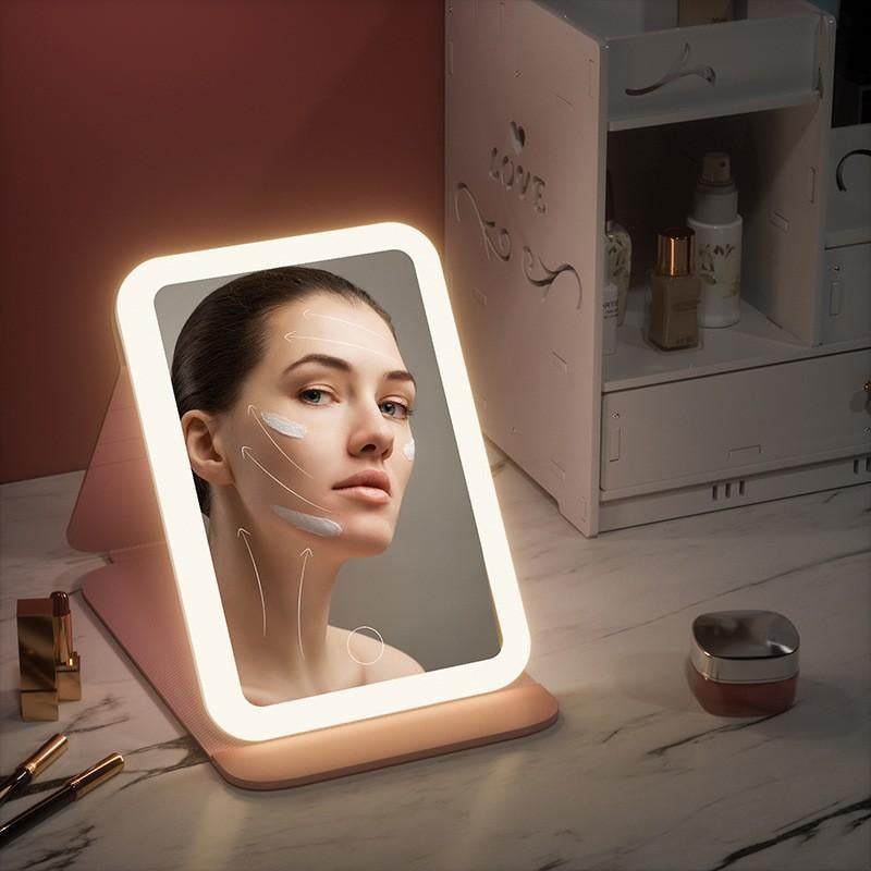 Portable Foldable LED Makeup Mirror with 3Rechargeable Light Modes - Warm, Natural, Coolself-Standing Vanity Mirror for Desk, Travel &Home, Perfect for Makeup & Grooming Anywhere