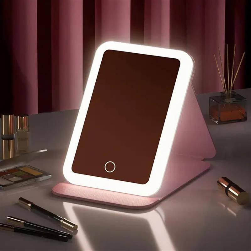 Portable Foldable LED Makeup Mirror with 3Rechargeable Light Modes - Warm, Natural, Coolself-Standing Vanity Mirror for Desk, Travel &Home, Perfect for Makeup & Grooming Anywhere